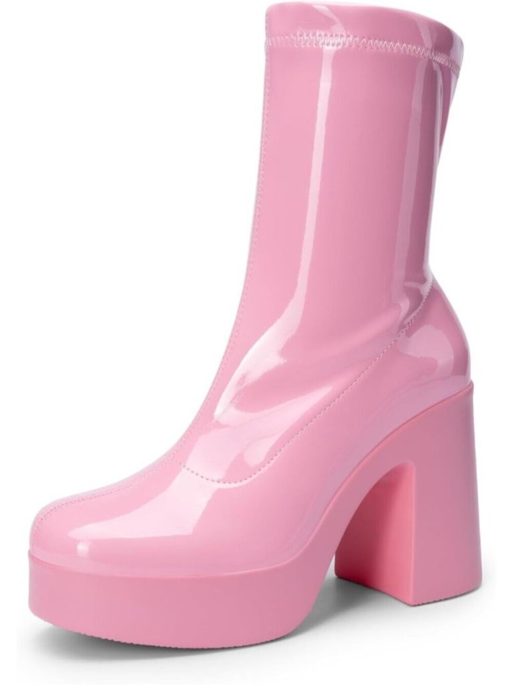 Women's Pink Shinny Square Toe Gogo High Chunky Block Heel Casual Ankle Booties